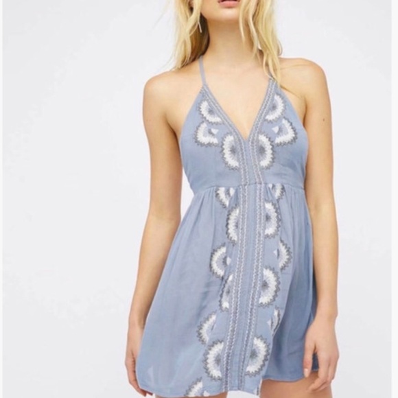 Free People Dresses & Skirts - Free People Blue Halter Dress with White Embroidery S